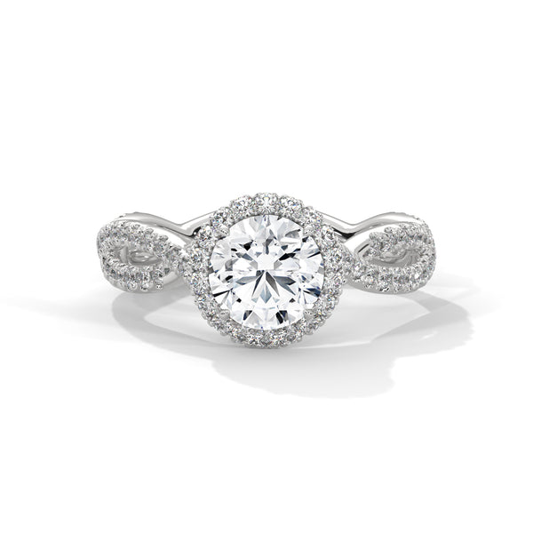 1.48 CT Round Cut Lab-Grown Diamond Halo Ring with Twisted Pavé Band