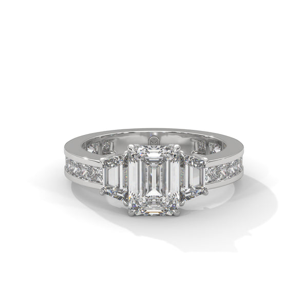 2.95 CT Emerald Cut Lab-Grown Diamond Three-Stone Ring with Trapezoid & Round Accents