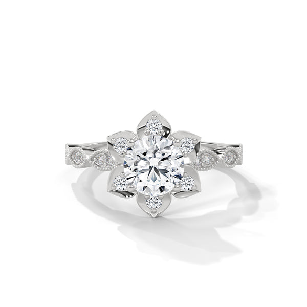 1.22 CT Round Cut Lab-Grown Diamond Floral Halo Engagement Ring with Milgrain Pavé Band