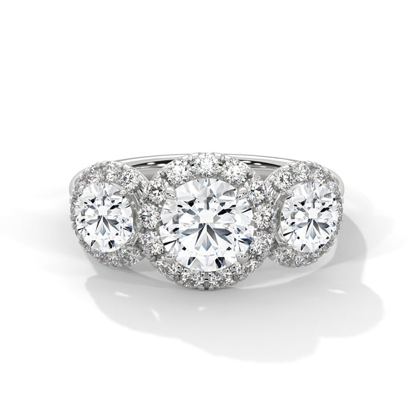 2.53 CT Round Cut Lab-Grown Diamond Three Stone Halo Ring with Pavé Accents